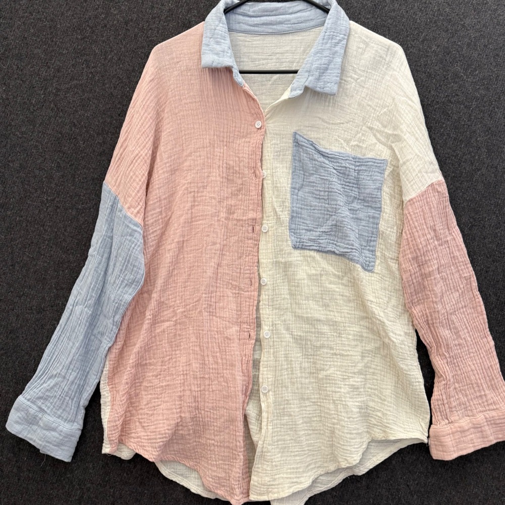 Womens L Colorblock Gauze Button Down Shirt Pastel Textured Coastal Beachy